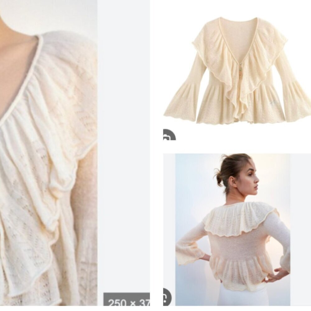 ZARA Cream Ruffle Fairy Button Pointelle Wool Blend Knit Romantic Blouse Top - Picture 3 of 12